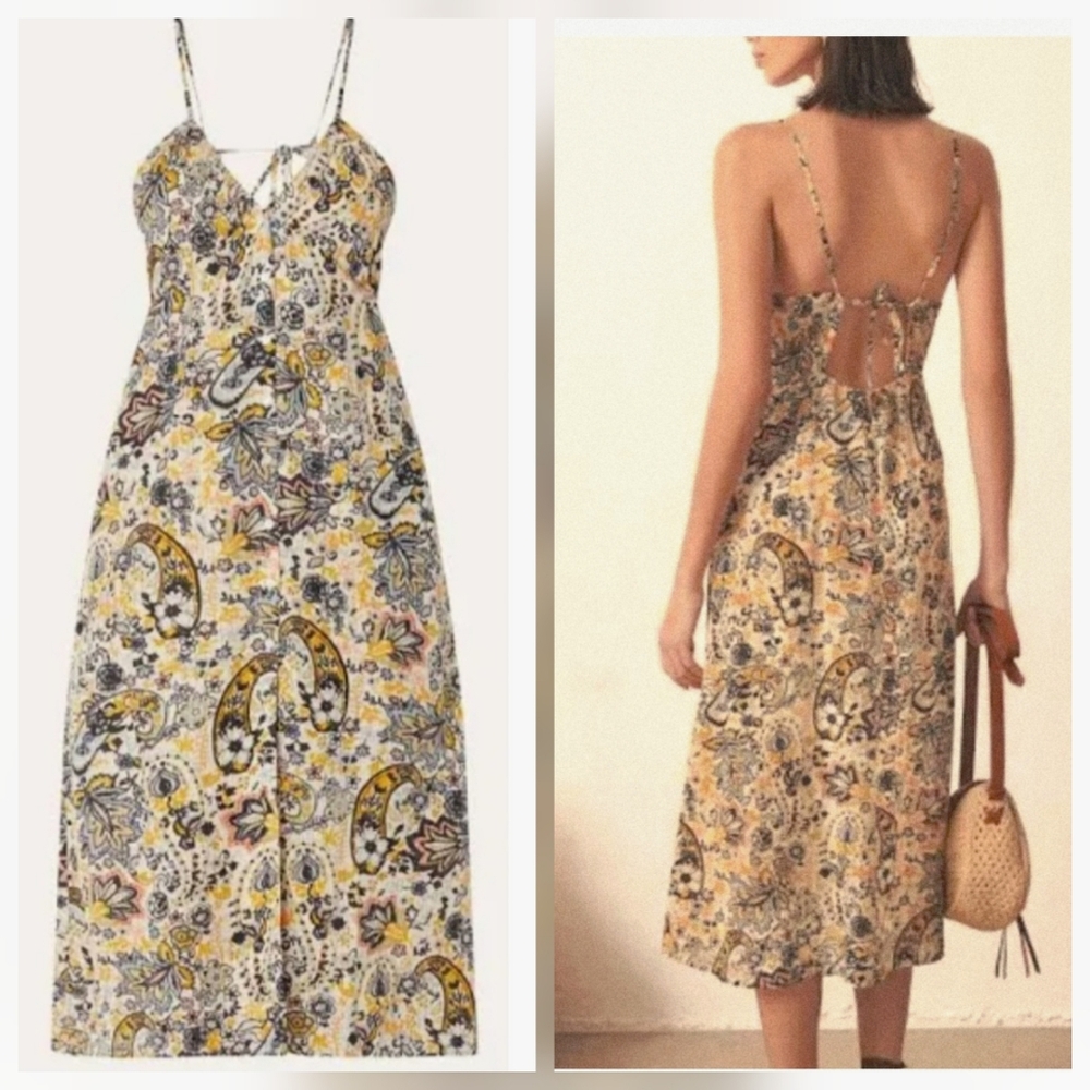 BA&SH Baila Backless V-Neck Drawstring Exotic Flower Paisley Button Down Dress